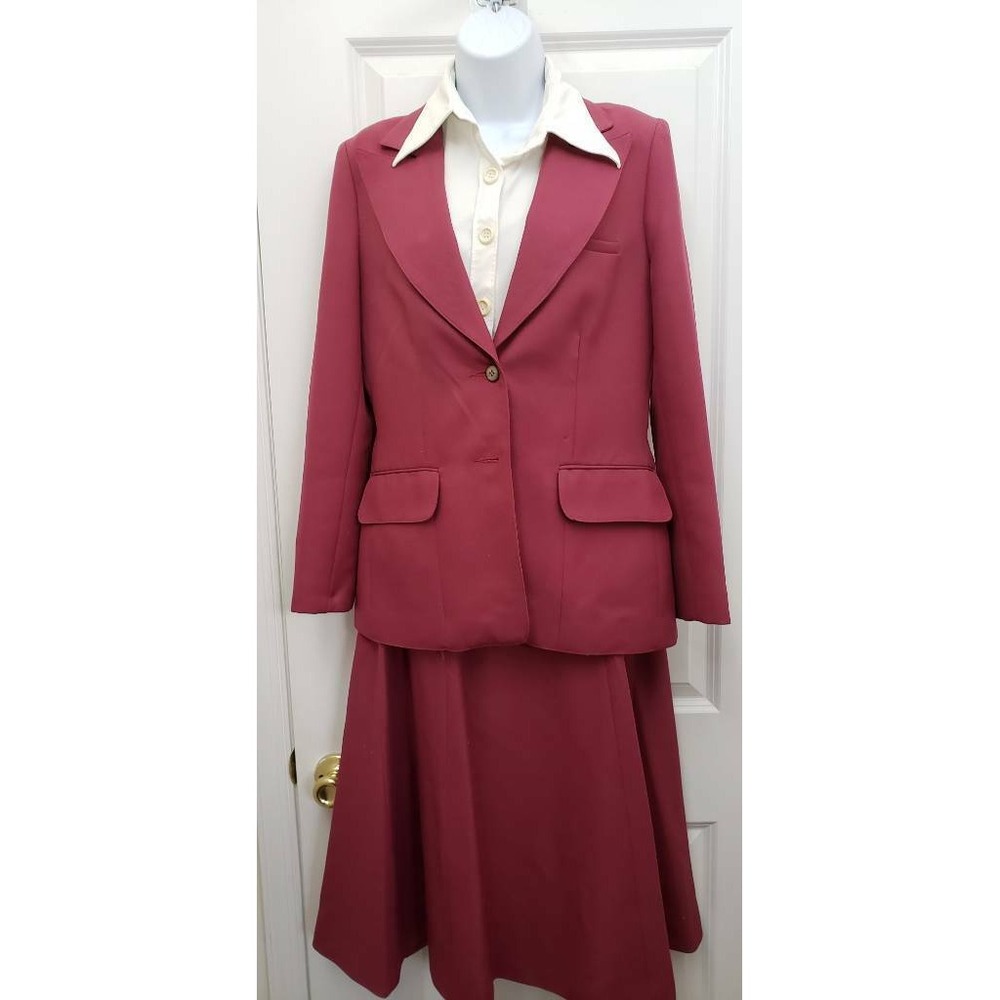 Panther Womens Skirt Suit Burgundy Flap Pockets Long Sleeves Notch‎ Lapel 13/14
